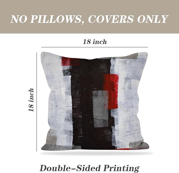 Red and Grey Abstract Art Pillow Cover, Modern Black White Wall Decorative Throw Pillows Cushion Cover for Bedroom Sofa Living Room 18 x 18 Inch Set of 2