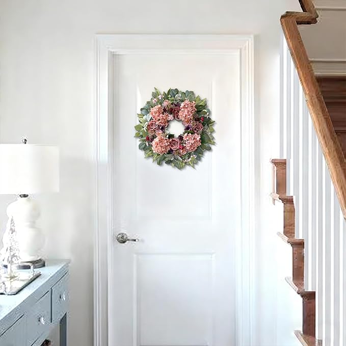 WANNA-CUL 24 Inch Spring Hydrangea Wreaths for Front Door,Pink Rose Peony Floral Door Wreath for Mother’s Day Valentine Wedding Year Round Indoor Outdoor Wall Decor