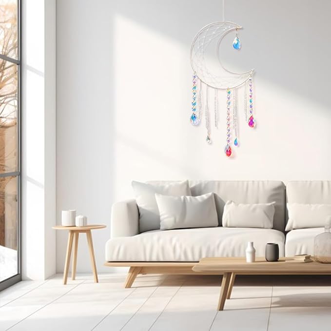 Artilady Dream Catchers with Crystals - Large White Boho Moon Dream Catcher Wall Decor House Decorations for Home Girls Kids Baby Bedroom Room Decor Christmas Birthday Teen Girl Boys Gifts