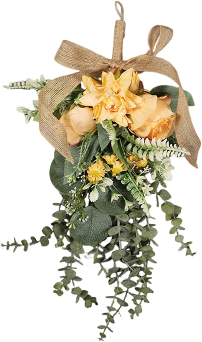predolo Artificial Floral Teardrop Swag Silk Flower Garland Decorative Ornament Hanging Reusable Front Door Decoration Suitable for Home Decoration Gift, Orange
