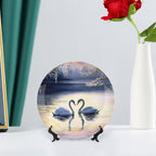 Decorative Plates, Sunset Couple Swans Lake with Tree Painting Ceramic Dinner Plate Home Wobble-Plate with Display Stand, Wall Hanging Decor for Living Dining Room Kitchen Household 6 Inch