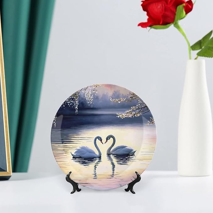 Decorative Plates, Sunset Couple Swans Lake with Tree Painting Ceramic Dinner Plate Home Wobble-Plate with Display Stand, Wall Hanging Decor for Living Dining Room Kitchen Household 6 Inch