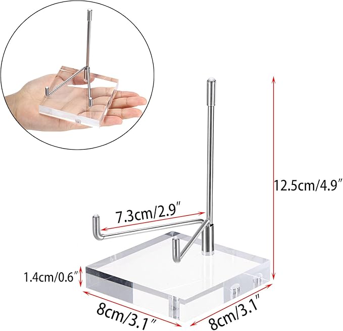 Hipiwe Clear Acrylic Display Stand Holder with Adjustable Metal Arms Display Easel Stands for Gemstones Fossils Minerals Agate Slabs Plates Crystals Saucers Collectibles, 3.1x3.1x4.9 inch