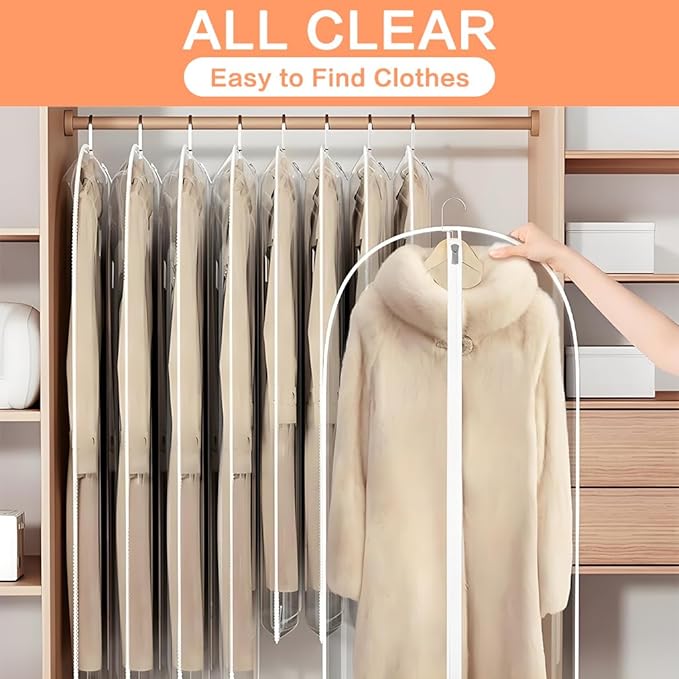 Clear Garment Bags (24'' x 48'' Set of 6) Clothes Covers for Closet Storage Closet Cover for Open Closet Hanging Clothes Travel Bag Clothes Bags with Zipper Gown Garment Bag for Long Dresses