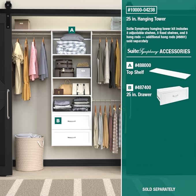 ClosetMaid SuiteSymphony Hanging Closet Kit Includes (1) Tower, (3) Closet Rods, and (6) Shelves, White