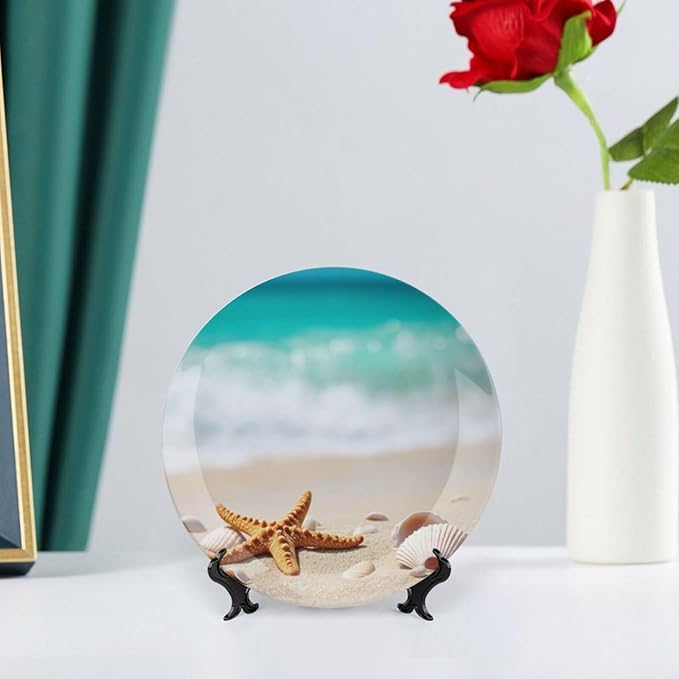 Starfish Theme Decorative Ceramic Plate Round Porcelain Plate,7 inch,Beach Pattern,for Decorative Ornaments Giving Plates,1 Plate with 1 Display Stand,Orange White