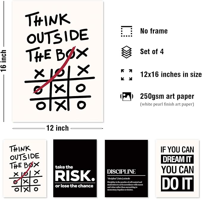 DSHFG Inspirational Office Motivational Wall Art Decor Prints Set of 4, Black Motivational Wall Decor Trendy Retro Posters for Office Home Decor, 12x16 Unframed