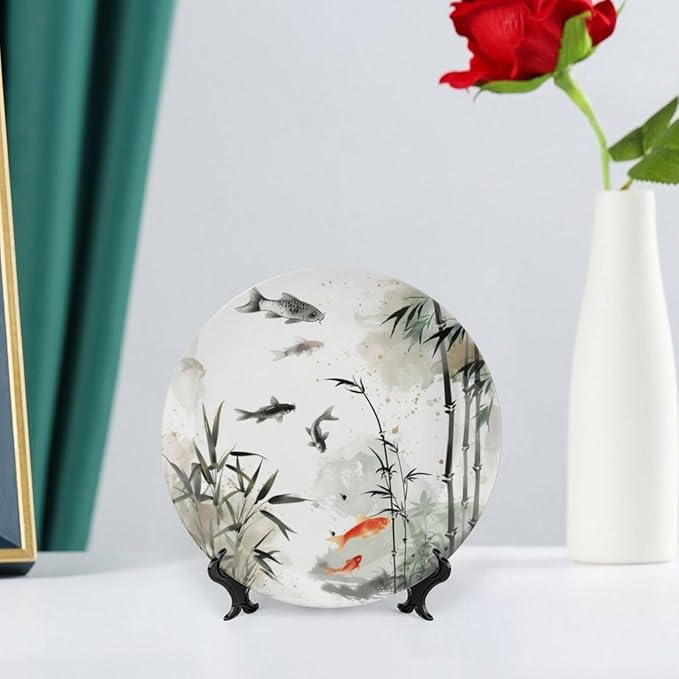 Ink Painting Theme Decorative Ceramic Plate Round Porcelain Plate,Tree and Fish Pattern,for Decorative Ornaments Giving Plates, 1 Plate with 1 Display Stand,Black White red,7 inch