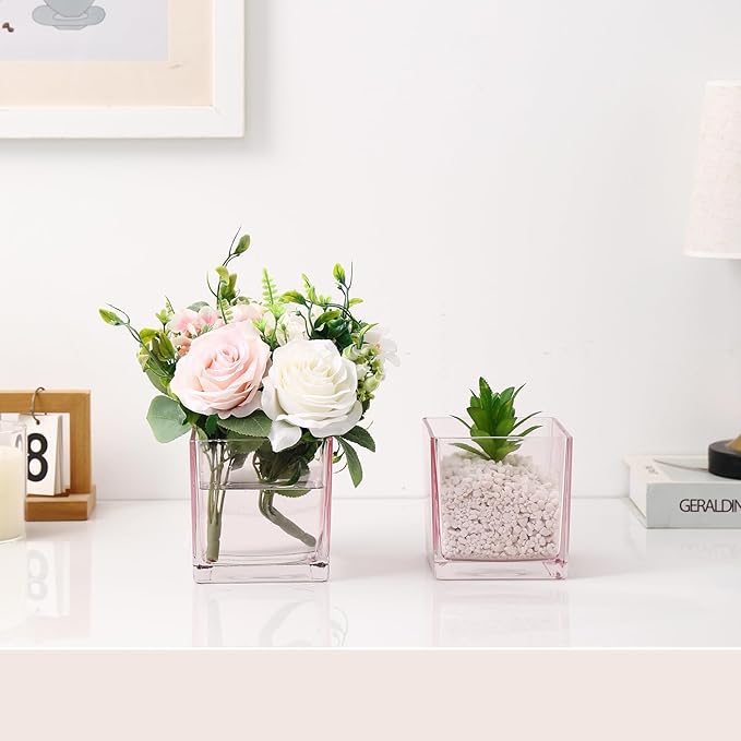 Square Pink Glass Vases Set of 2, 6" x 6" x 6" Square Vase for Centerpieces, Flower Vases for Centerpieces, Small Vase for Wedding, Party, Home Office Decoration