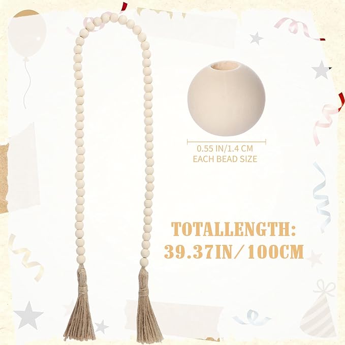 Equsion Seasonal Wooden Bead Garland with Tassels, 3.3 ft Holiday Vintage Boho Bead Garland Easter Tray Decoration, Vase Wall Room Art Birthday Party Decoration(Beige)
