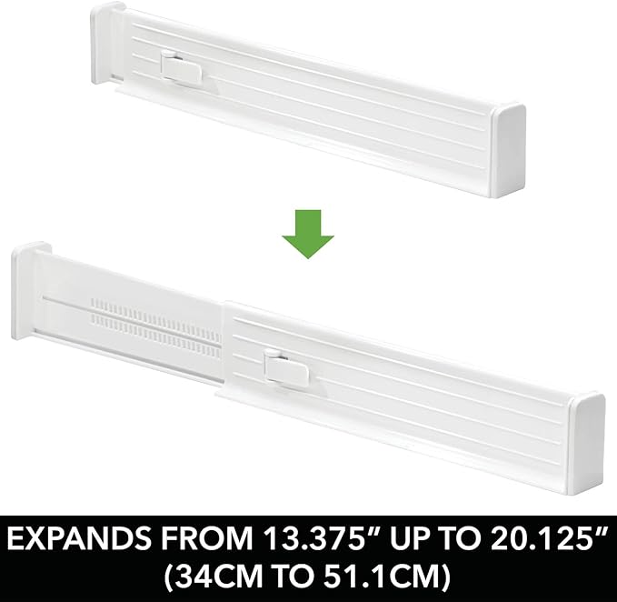 mDesign Expandable Dresser Drawer Divider with Foam Ends, Drawer Divider Locks in Place, Separators for Clothing and Accessories in Closet or Dresser Drawer, Ligne Collection, 4 Pack, White