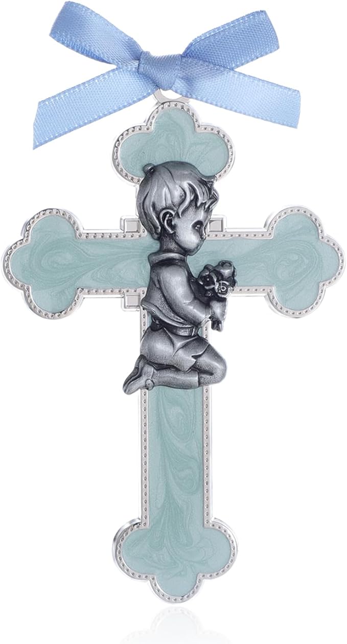 KOMI Baby Wall Cross Catholic Baptism Gifts for Boys Praying Boy Cross for Baptism First Holy Communion Christening Cross Decor