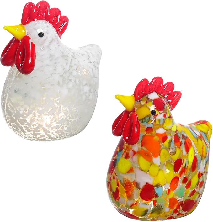 LONGWIN 2PCS Mini Glass Chicken Figurine Hand Blown Art Glass Rooster Animal Statues Collectible Figurines Unique Gift Home Decor Ornaments