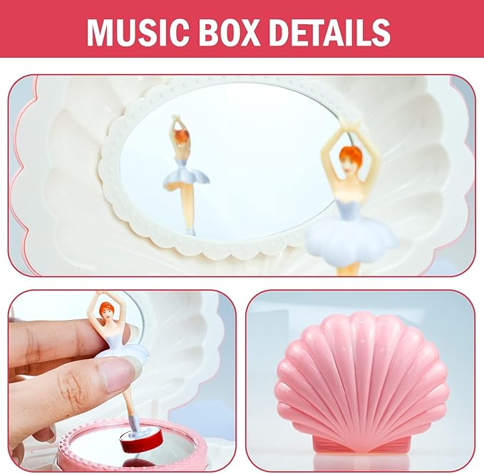 Ballerina Music Box, Pink Shell Music Box with Mirror, Jewellery Melody Box for Birthday, Wedding, Valentine's day