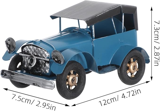 Vintage Metal Classic Car Model, Retro Automobile Figurine, Blue Antique Vehicle Ornaments Rustic Decor for Office Shelf Display