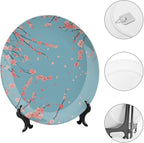 Japanese Spring Theme Decorative Ceramic Plate Round Porcelain Plate,Sakura Tree Branches Pattern,for Decorative Ornaments Giving Plates, 1 Plate with 1 Display Stand,Blue Pink,6 inch