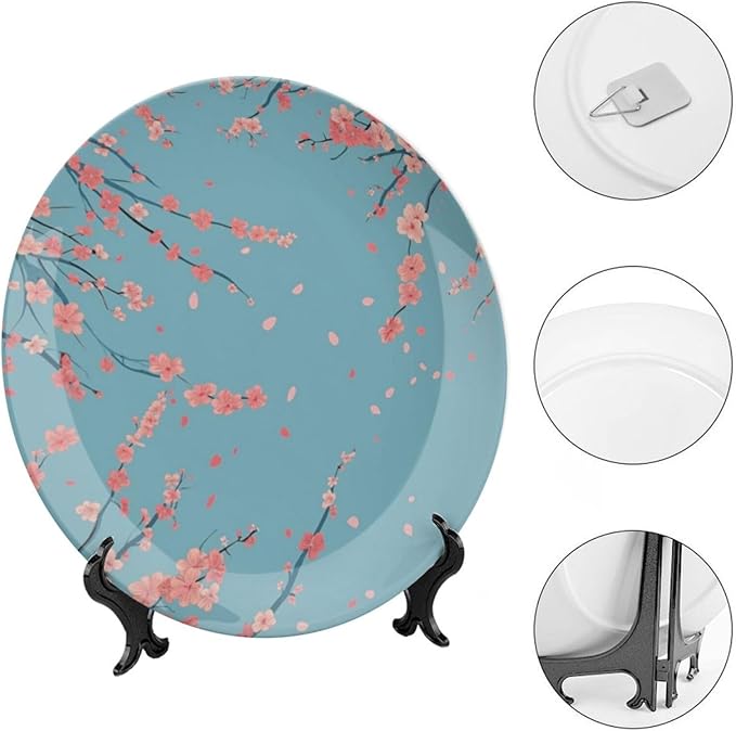 Japanese Spring Theme Decorative Ceramic Plate Round Porcelain Plate,Sakura Tree Branches Pattern,for Decorative Ornaments Giving Plates, 1 Plate with 1 Display Stand,Blue Pink,10 inch