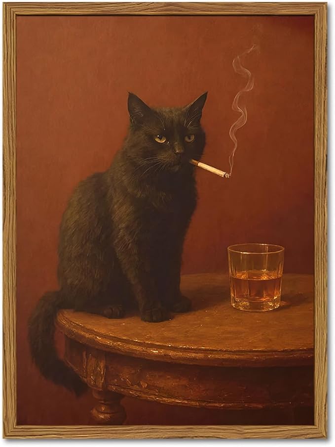 Framed Funny Black Cat Wall Art, Vintage Moody Cat Pictures Wall Decor, Humor Cool Animal Paintings Canvas Prints for Living Room Bedroom Bathroom Bar 12x16 inch