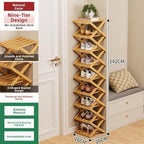 Bamboo Shoe Rack Organizer, 2-10 Tiers, Natural or Tea Color, No-Tool Assembly, Foldable Storage Shelf (No Installation 9 Layer 30-Tan)