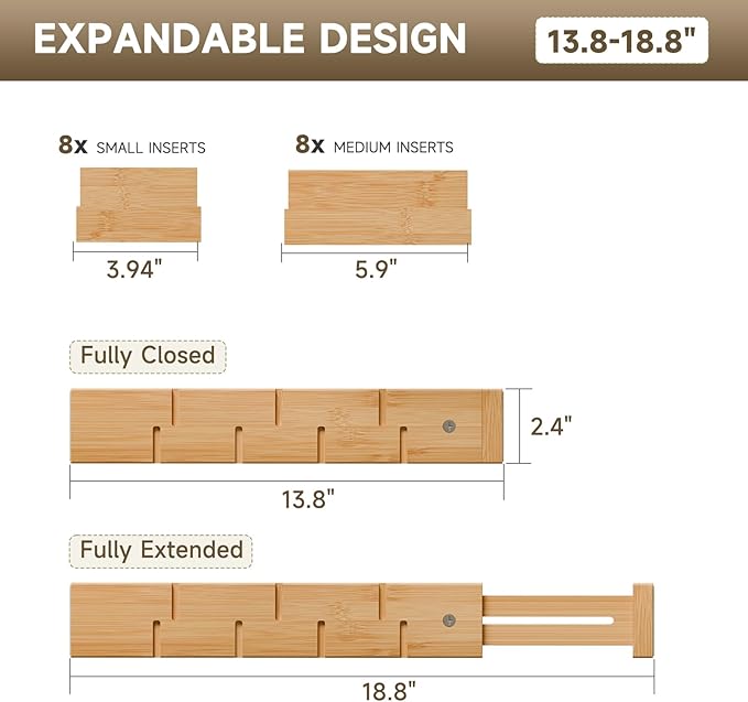 Kitchen drawer organizer,expandable bamboo drawer divider,include 8 dividers,8 small inserts and 8 medium inserts for Home, Office, Dressers (Short-8 Dividers)