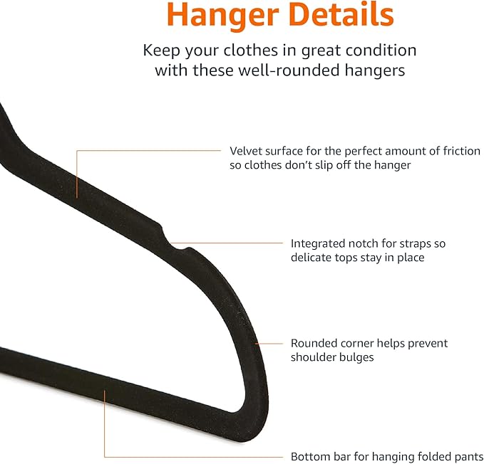 Amazon Basics Kids Velvet, Non-Slip Clothes Hangers for Infant and Toddler, 11.6 in (for baby clothes), Pack of 50, Black