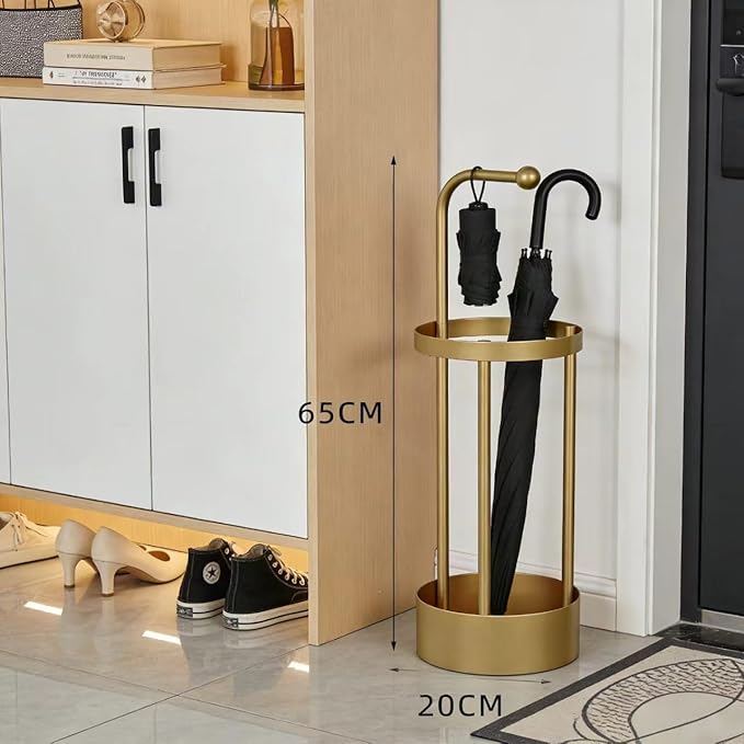 Golden Metal Umbrella Stand, 65cm Freestanding Umbrella Holder with Hooks, Round Base Umbrella Rack for Long & Foldable Umbrellas, Sturdy Iron Umbrella Organizer for Entryway, Home, Office, Hotel
