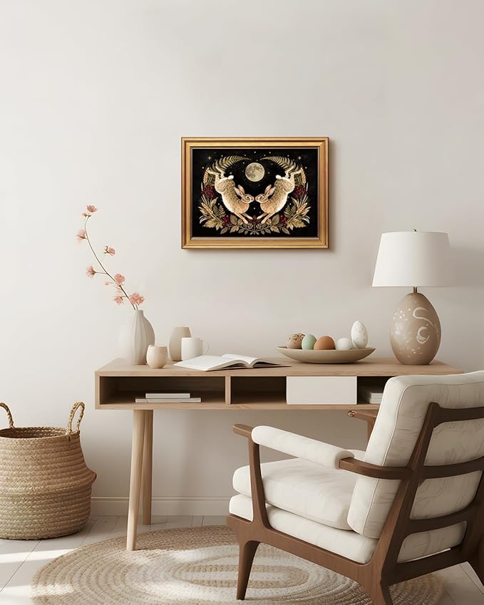 VIYYIEA Vintage Gold Framed Wall Art for Living Room, Easter Canvas Prints Home Decor, Spring Painting Picture, Bedroom Wall Decor Gifts for Friends or Family -【Moonward Hares】-(16L x 12W)