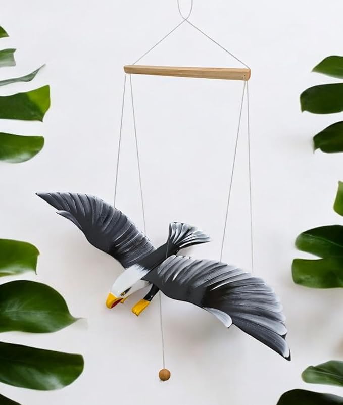 WitnyStore Wooden Bird Mobile 25" Black Flying Eagle Hand Made Painted Wood Flapping Wing Birds Hanging Ceiling Decor Wind Chimes Handcrafted Art Animal Decorative Collectibles Décor Gifts Souvenirs