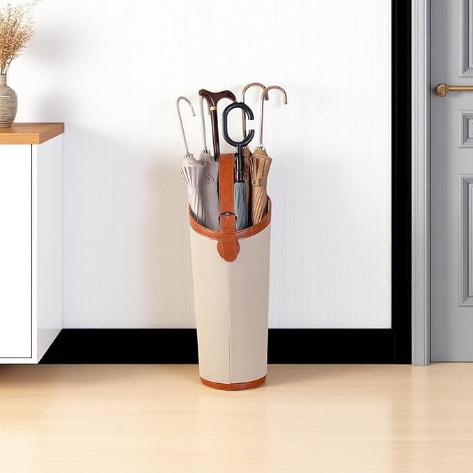 Indoor Entryway leather Umbrella bucket，Large Capacity Umbrella Storage stand，tall umbrella holder,For Hotel,Offices,home,Commercial(Beige+brown)