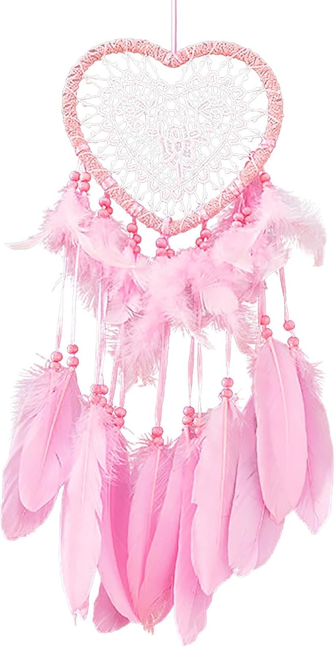 Dream Catcher,Lovely Heart Shape Dreamcatcher Handmade Lace Dream Catcher Feather Bead Wall Hanging Boho Woven Art Ornament Gift Craft Dreamcatcher Wind Chimes for Home Children Bedroom Decor (Pink)