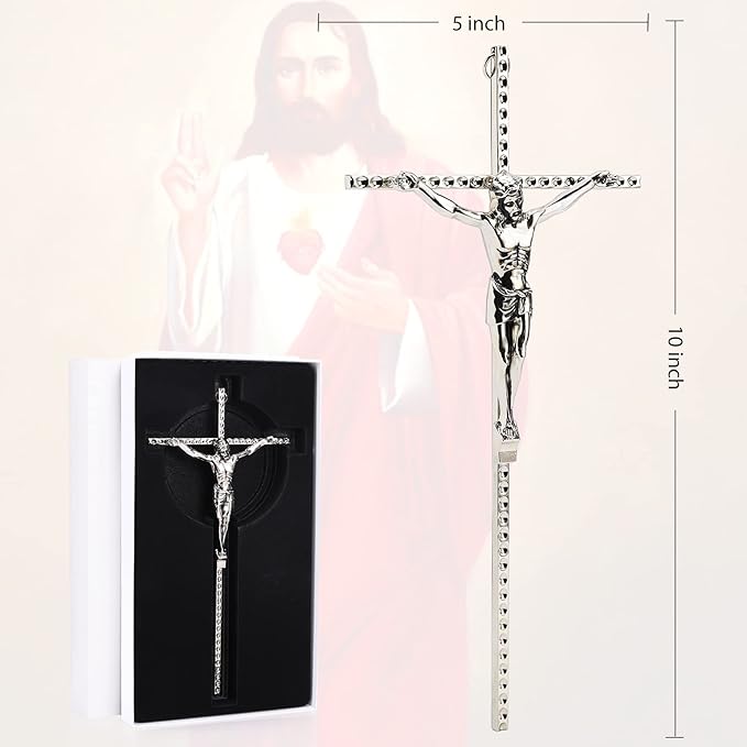 DCCXN Crucifix Wall Cross, Catholic Silver Metal Wall Crucifix with Custom Engraving Design for Home Decor - 10 Inch