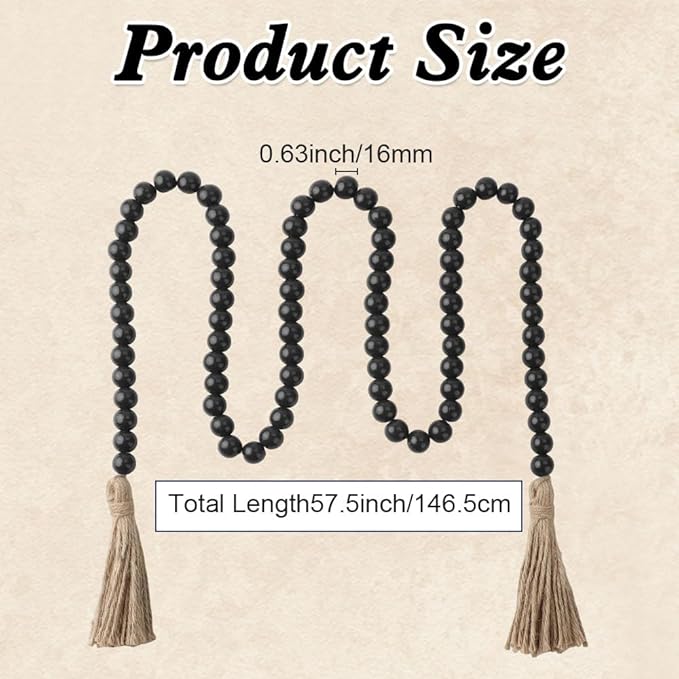 Wood Bead Garland 58 Inch Black Wooden Beads for Boho Farmhouse Table Home Decor with Tassel, Wooden Prayer Bead, Rustic Country Boho Wall Hanging Decor for Kitchen Modern Living Room Tray Vase Shelf
