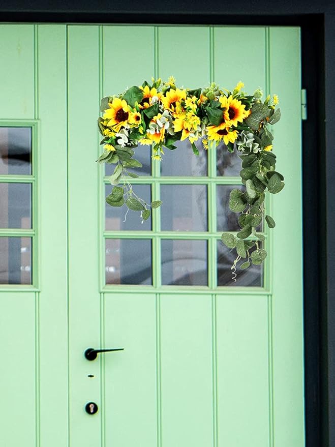 17.7inch Artificial Sunflower Swag Wreath, Decorative Flower Swag Wedding Arch Decor Wall Hanging Floral Door Swag for Wall Porch Farmhouse(#1)