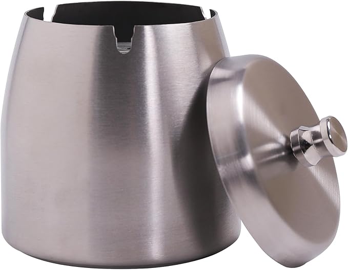 Ashtray with Lid for Cigarette, Stainless Steel Smokeless Odorless Windproof Ashtrays for Home Office Tabletop Outside Patio Outdoor Balcony(3.54"x3.0"x3.38")