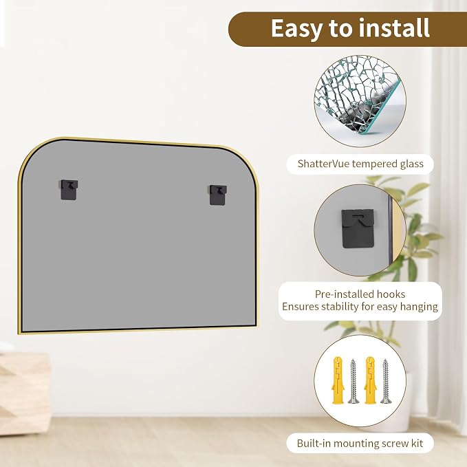 Gold Wall Mounted Bathroom Mirror - 38 x 30 Inch Round Cruved Top Right Angle Bottom Wide Wall Mirror, Aluminum Metal Framed, Decor for Living Room, Bedroom, Fireplace, Mantle, Entryway