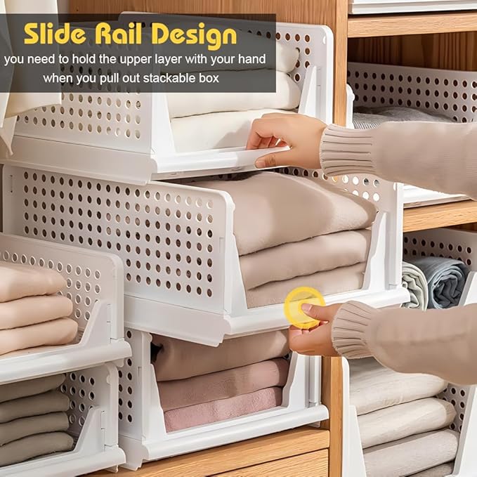 XL Stackable Plastic Storage Basket, 4 Packs closet storage bins for clothes sweater organizer for closet Folding closet organizers and storage Closet Shelf Storage Container for Cupboard Bedroom 4XL