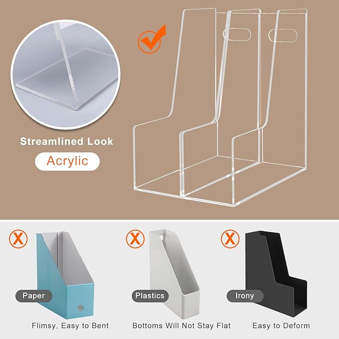 HeiMma 2 Pack Clear Acrylic Magazine File Holder, Single Slim Vertical Magazine File Organizer for Desk, Lucite Plastic Hold Magazines, Files, Books,Folder, Notebooks, Binders, for Home Office School