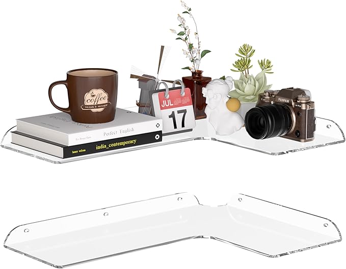 Sezanrpt 11.4x16 Inch Acrylic Corner Floating Shelf Set of 2, White Corner Wall Shelf for Home Décor, Speakers, Security Cameras, Toileries, Plants, Figures, Cosmetics, Books