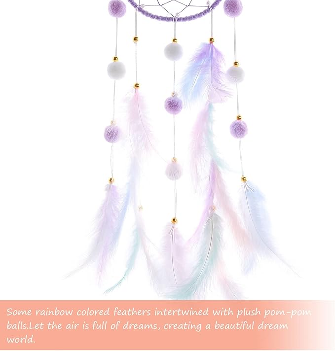 Pretty Jolly Purple Cat Kids Dream Catcher Wall Decor Pompom Feather Baby Dreamcatcher Handmade Children Dream Catcher Home Décor Wall Hanging for Nursery Bedroom Boys Girls Birthday Gift-25.6in