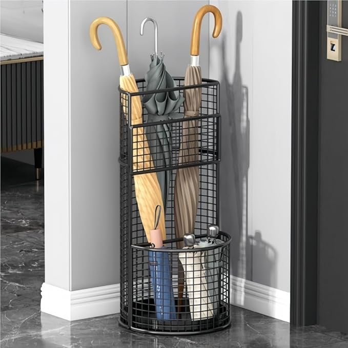 Metal Hollow Drain Rack, Freestanding Umbrella Stand Rack, Umbrella Stand with Water Tray, Multipurpose Umbrella Holder for Entrance, Office(Black)