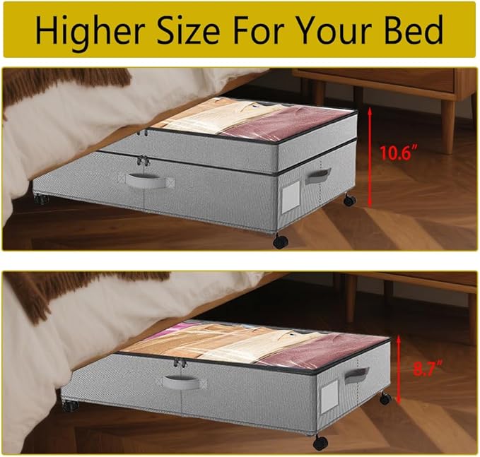 Under Bed Storage with Wheels Height Adjustable 2 Pack Under Bed Storage Containers with Clear Lid & Handles Rolling Under Bed Drawers for Clothes Shoes Toys Blankets Grey