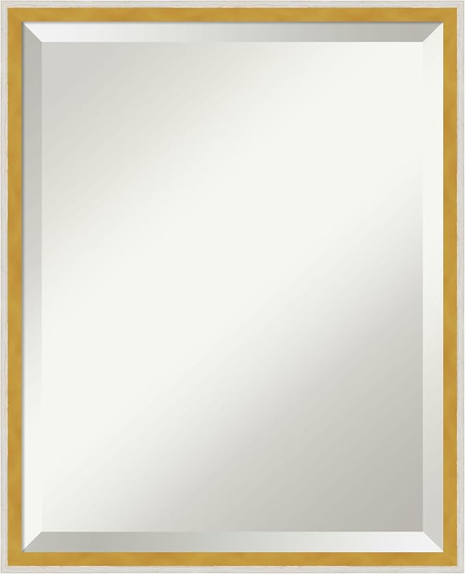 Amanti Art White Wall Mirror 21x17 Paige White Gold Rectangle Bathroom Mirror for Wall Decor Living Room, Small Modern Wood Frame, Hangs Horizonally and Vertically, Bathroom Decor, Beveled Edge