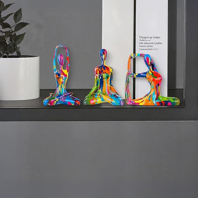 Colorful Abstract Yoga Figurines Set of 3 - Vibrant Graffiti Art Sculptures, Modern Home Decor Accents, Unique Gift for Yoga Lovers, Meditation Room & Living Room Shelf Desk Decor