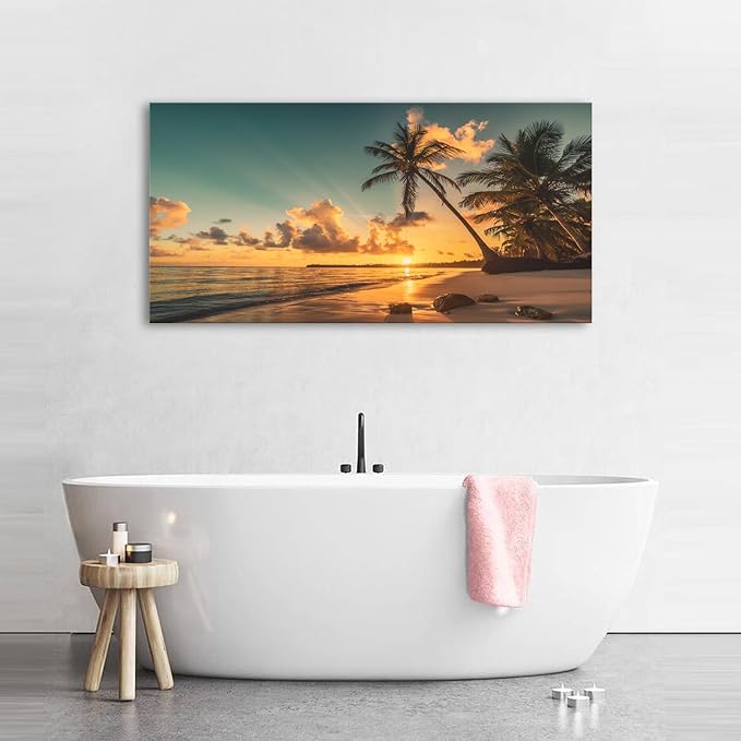 Beach Wall Art Palm Tree Pictures Sunset Coastal Landscape Bathroom Wall Decor Tropical Ocean Canvas Prints Nature Seascape Painting Artwork for Living Room Bedroom Office Home Decoration 24x48"