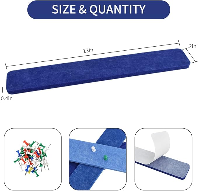 Vuzvuv 8 pcs Bulletin Board Bar Strips with 50 Pushpins & 10 Wooden Clip pins，Self Adhesive Cork Board for Wall，Felt Pin Board for School，Office Decor(Blue)