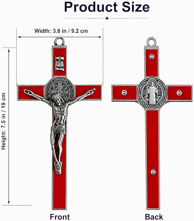 TALPGOD St Benedict Crucifix Silver Red 7.2 Inch,Crucifix Wall Cross for Catholic Decor,Jesus Christ Hanging Cross Wall Art Decor,Escapularios Catolicos,Saint Benedict Medal for Home Decoration