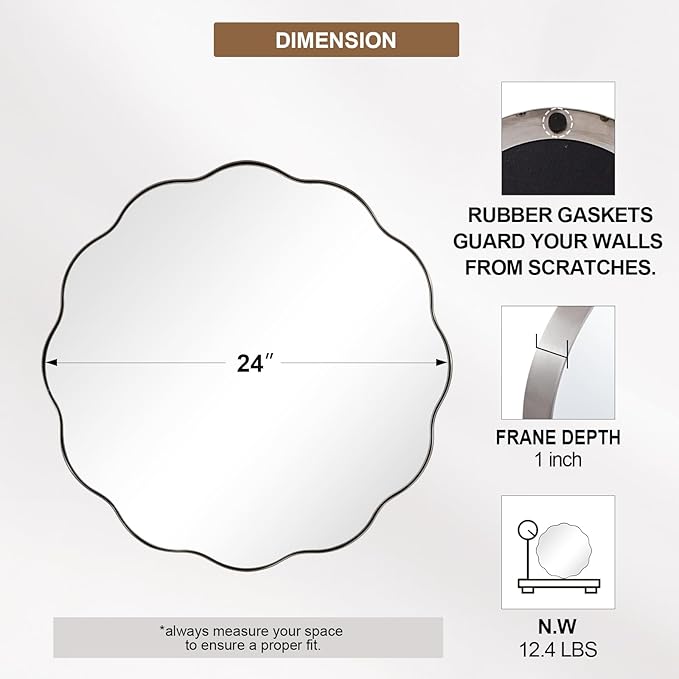 ANDY STAR Brushed Nickel Round Bathroom Mirror, 24 Inch Round Circle Mirror in Stainless Steel Metal Frame, Large Silver Frame with Unique Wavy Design