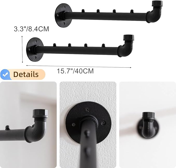 Industrial Wall Pipe Clothes Bar - Heavy Duty Metal Coat Hanger with Hook, Wall-Mounted Garment Holder Racks,Wall Clothing Racks/Hanging Rail, 4Pcs