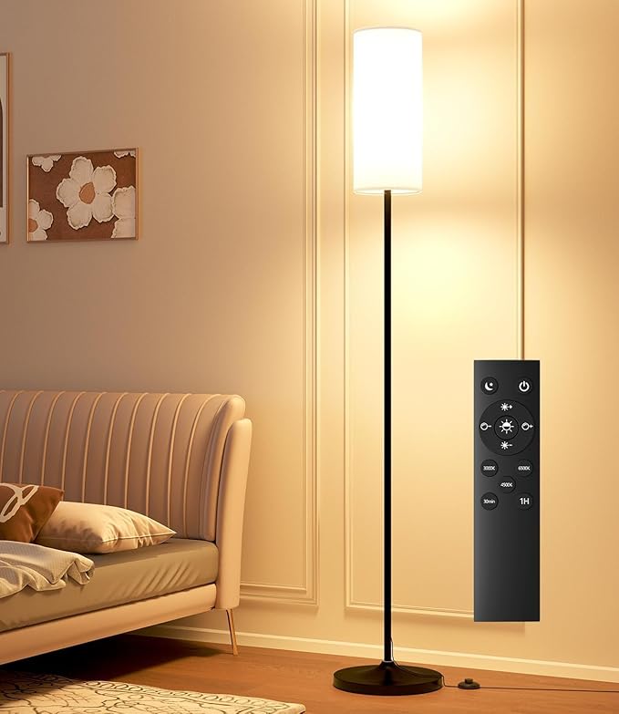 luckystyle Dimmable Floor Standing Tall Lamp, 12W Led Bulb with Lampshade, Foot Switch, Remote Custom Color Temperature Pole for Bedroom, Office, Kids & Living Room, Black