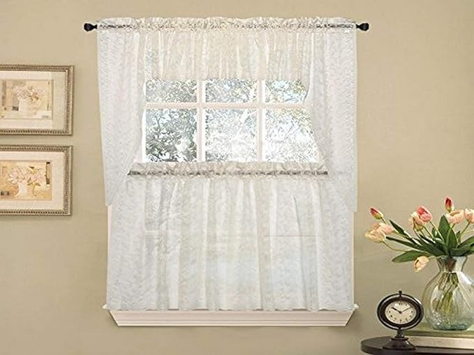 Kitchen Curtains for Windows ✅ 40+ Styles & Colors ✅ Swag, Valance, Tier Sets & Panels ✅ Cafe Curtains for Farmhouse, Rustic, Modern Décor, Priscilla Ivory, 24" Tier